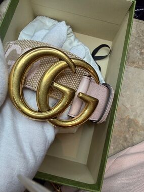 Gucci Gold and Tan Leather Belt with Iconic Double G Buckle